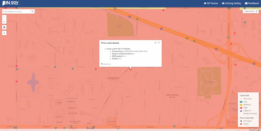 Pop-ups provide details about accidents such as the primary cause of the crash and whether drugs or alcohol were a factor.