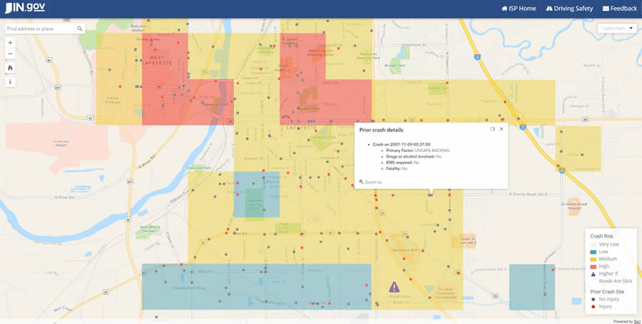 The dots on this map show where accidents have occurred in Lafayette and West Lafayette, Indiana.