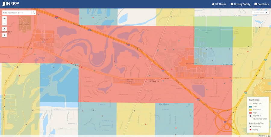 This map shows that the crash risk remains high after midnight on a stretch of Interstate 465 north of downtown Indianapolis and around three suburban malls and shopping centers.