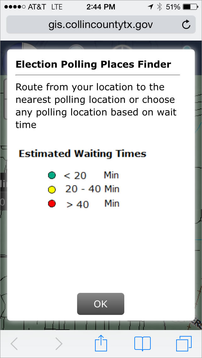 The app shows real-time wait times at the voting centers throughout Collin County.