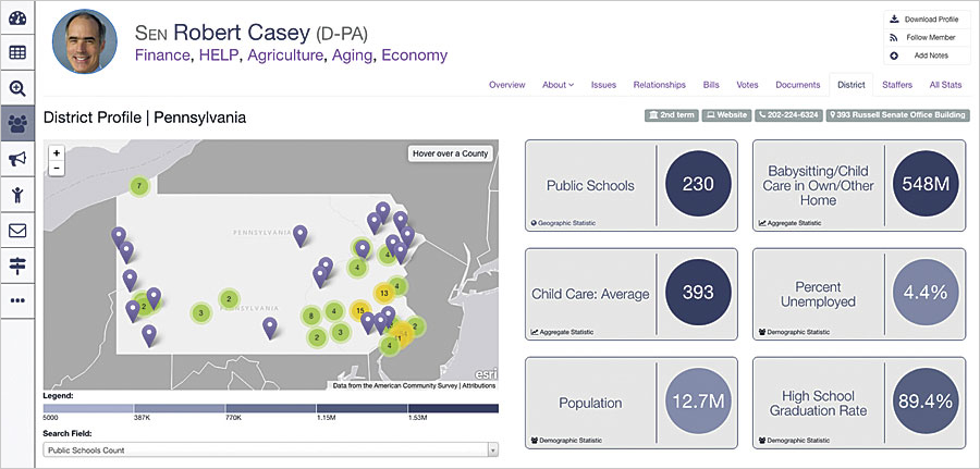 Quorum makes it possible to visualize a policy's effects on various districts by layering in demographic statistics from Esri.