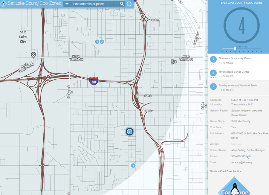 The Local Perspective app was ideal for this project because it lets users enter their address, use the Locate tool, or simply click on the map to see which Cool Zones are closest to them.