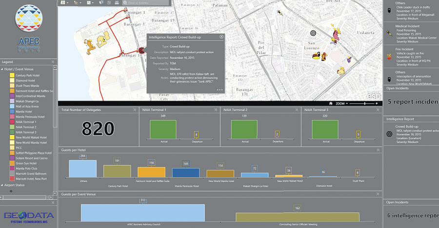 A multiagency coordination center used Operations Dashboard for ArcGIS to monitor criminal incidents, traffic conditions, and protests in and around the areas where APEC delegates were meeting.