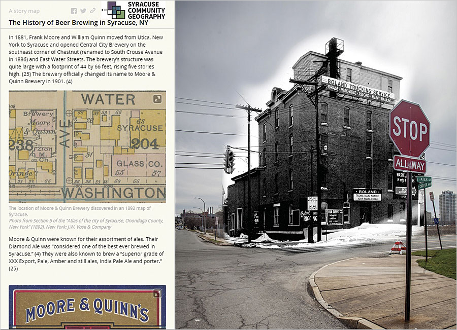 The use of digital composite photography illustrates where the 1881 Central City Brewery would have stood in present-day Syracuse.
