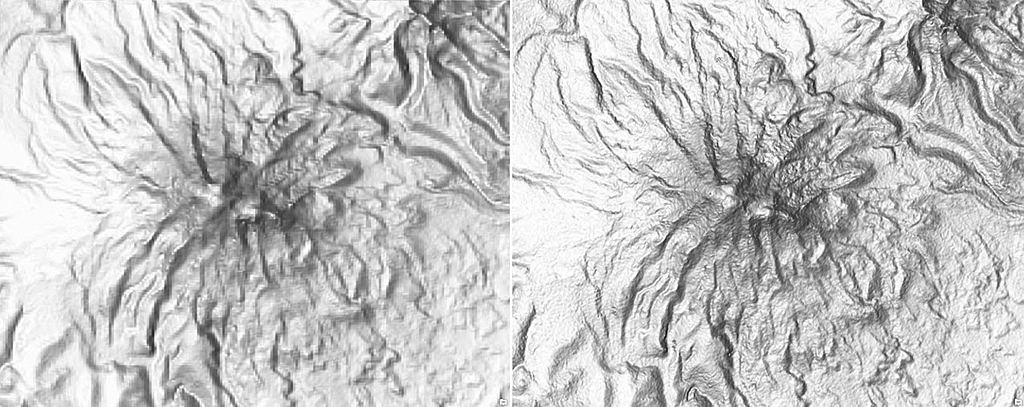 Compare the SRTM 90m image (left) with the more detailed SRTM 30m image (right)