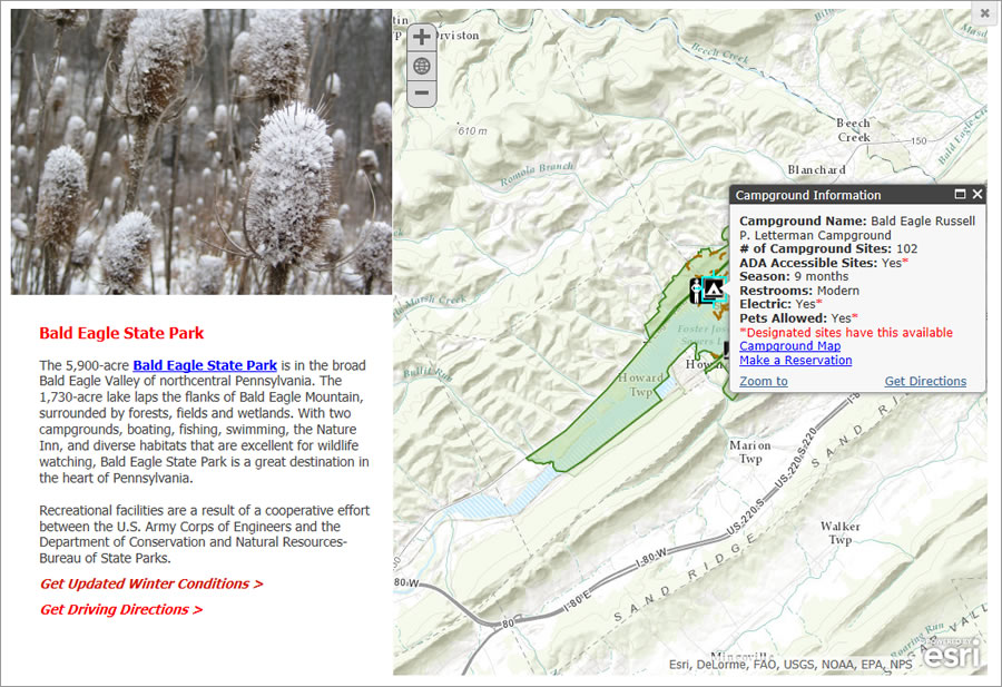 Pop ups display camping information, including a link to make a reservation.
