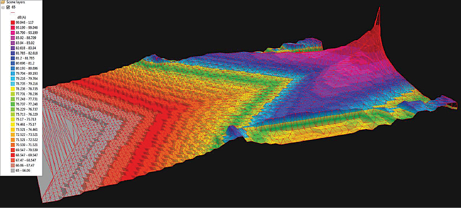 This image shows 3D noise impact contours with a TIN model overlay for a six-mile-long-by-four-mile-wide portion of the study area.