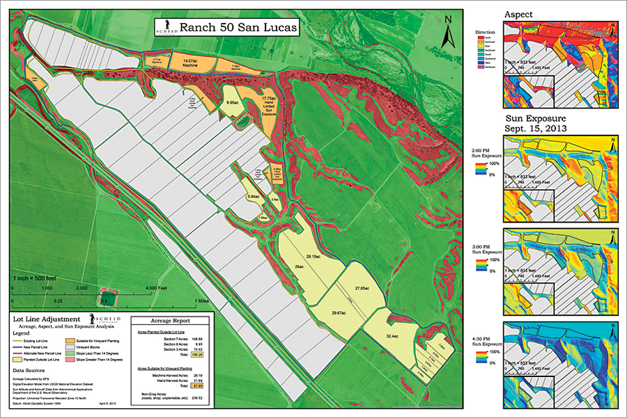 Land suitable for planting a vineyard to be machine harvested needs a slope of less than 14 degrees for the harvester, good sun exposure in September to ripen the fruit, and to be southern facing. This map shows all three factors and identifies the best places to plant. The map was made using a digital elevation model and ArcGIS for Desktop.