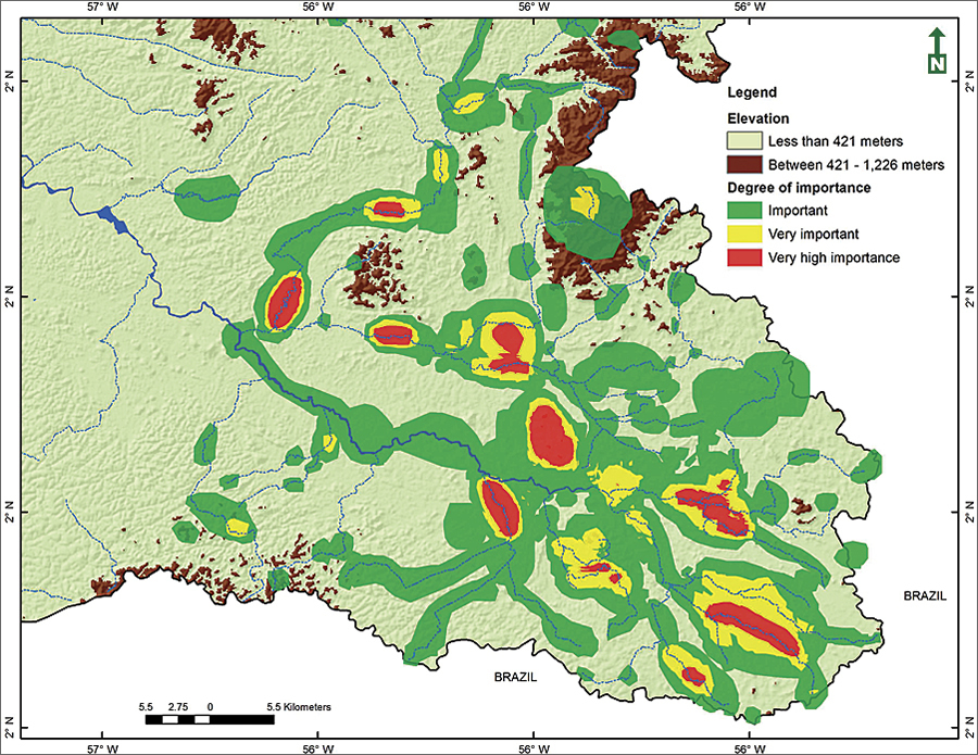 Map of the Sipaliwini village's perceived importance of the landscape for subsistence, based on the count of overlapping locations.