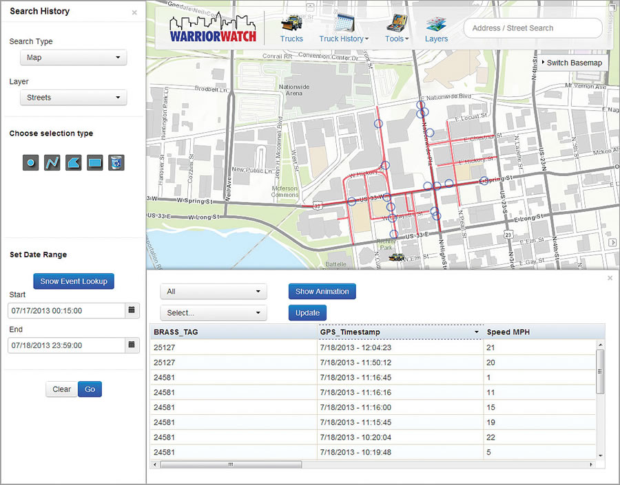 Warrior Watch searches by map to show history of plow data (location, plow up/down, salt spreader) in a specific area.