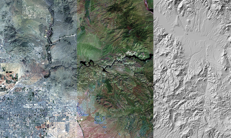 Sample Landsat 8 imagery. Operational Land Imager (OLI) Bands 4,3,2 (Natural Color); OLI Bands 6,5,4 (False Color); and HillShade. (Courtesy of USGS.)