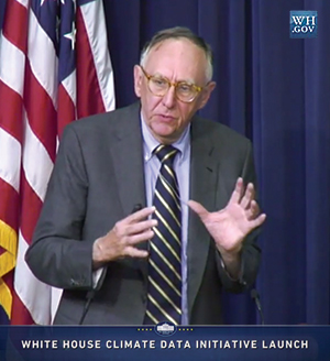 Jack Dangermond speaking at the Climate Data Initiative press conference at the White House, March 19, 2014.