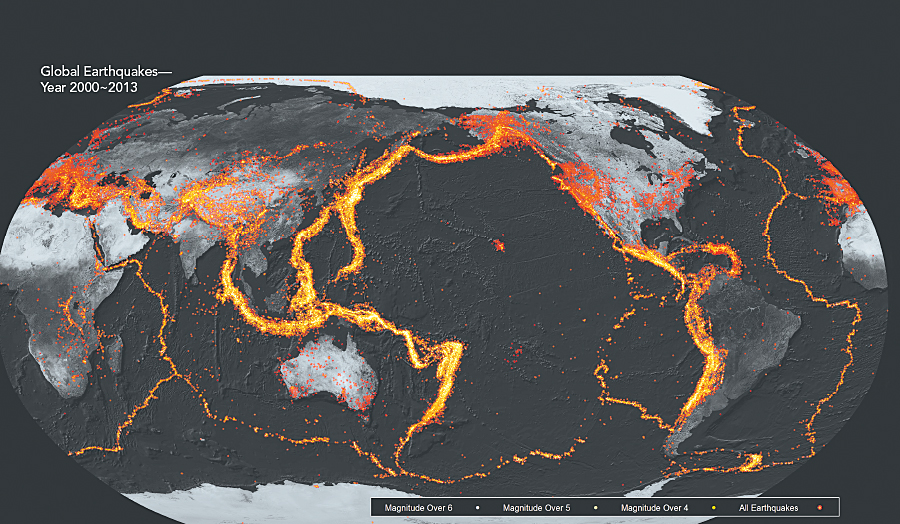 Maps help humans understand big data: Earthquakes primarily occur along tectonic plate boundaries with many events happening in proximal locations. Visualizing these overlapping events is a challenge that is met using a "glow" effect obtained with multilayer symbols and varying levels of transparency, an approach developed by John Nelson of UDV Solutions. Applying this effect in ArcGIS allows the thousands of earthquakes to offer us a vivid depiction of the global pattern of these explosive events.