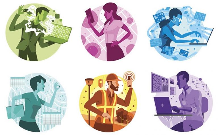 Six illustrations of each user type, showing a person in the middle surrounded by representations of the GIS-based ideas, software, and apps they can use