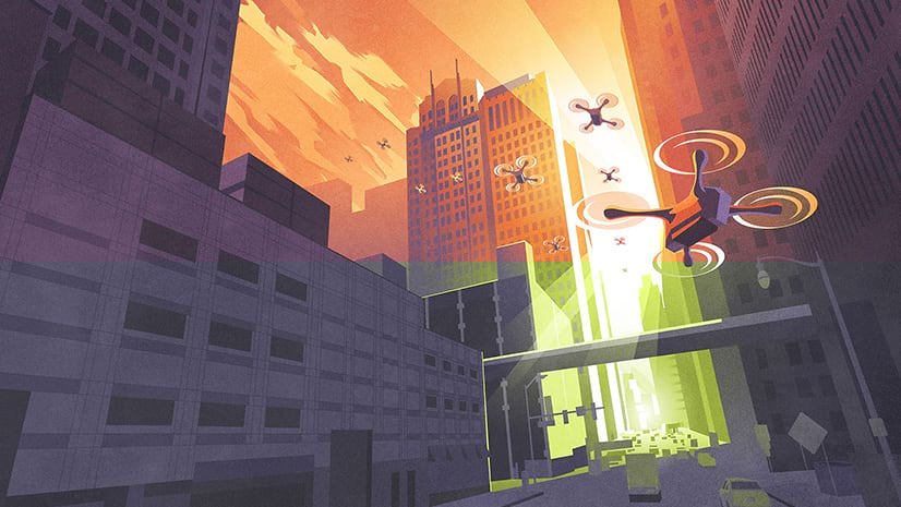 Drone highways over a city