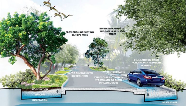Green trees, a roadway, and a blue car representing blue and green infrastructure projects