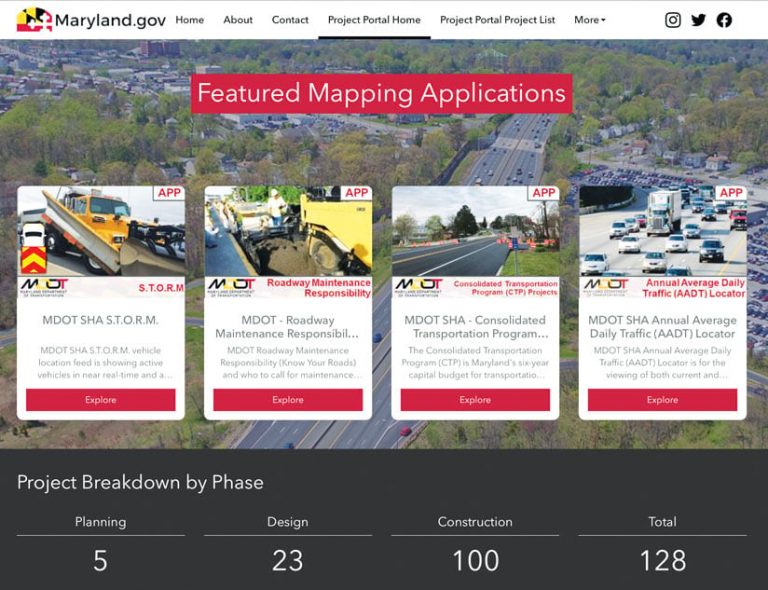 Screenshot of Maryland.gov ArcGIS Hub project breakdown by phase
