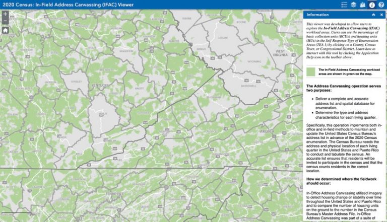 A map viewer showing census block addresses in green where addresses have been validated and in pink where they have not been validated