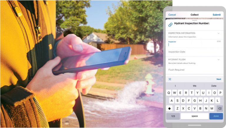 Fire hydrant pouring water into a street and a field worker putting the location into his phone