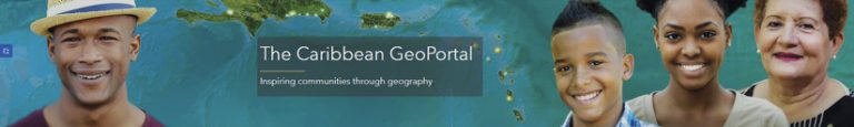 A man, a boy, a young woman, and an older woman superimposed on a map of the Caribbean next to the words “The Caribbean GeoPortal: Inspiring communities through geography”