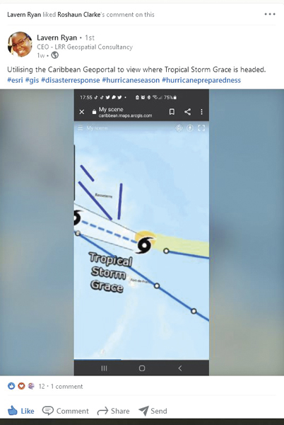 A tweet from Lavern Rogers-Ryan that says, “Utilising the Caribbean Geoportal to view where Tropical Storm Grace is headed” and shows a map of the projected path of the storm