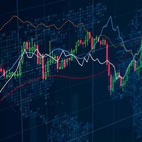 a stock chart overlaid on a world map represents spatial finance