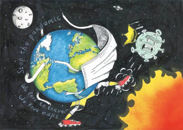 An illustration of a globe in space wearing a mask and kicking a COVID-19 infection out past the sun