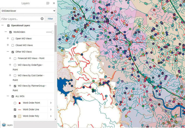 A map of Marin County, California, that shows work orders as differently colored points