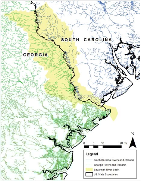 A map of rivers in Georgia that shows the Savannah River basin, in yellow, spanning the Georgia-South Carolina border