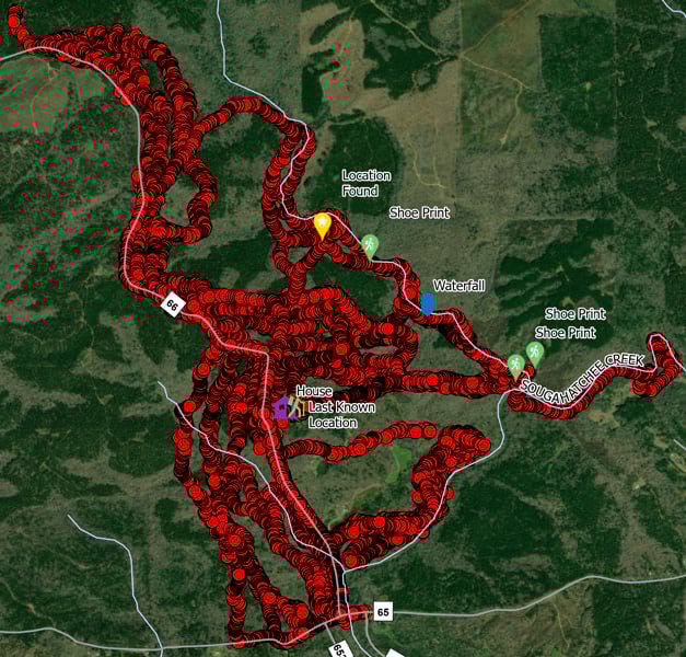 An imagery-based map of a rural area, with red dots denoting rescue workers’ tracks and labels marking the child’s last-known location, shoe prints, a waterfall, and the location where the child was found