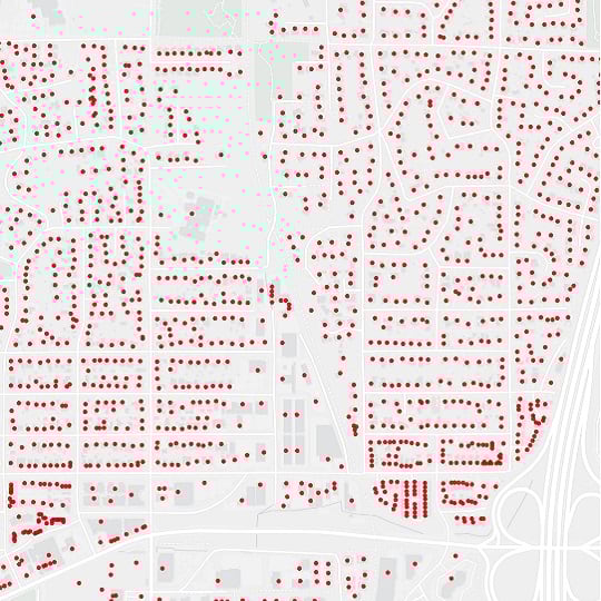 A map with points representing residences and businesses
