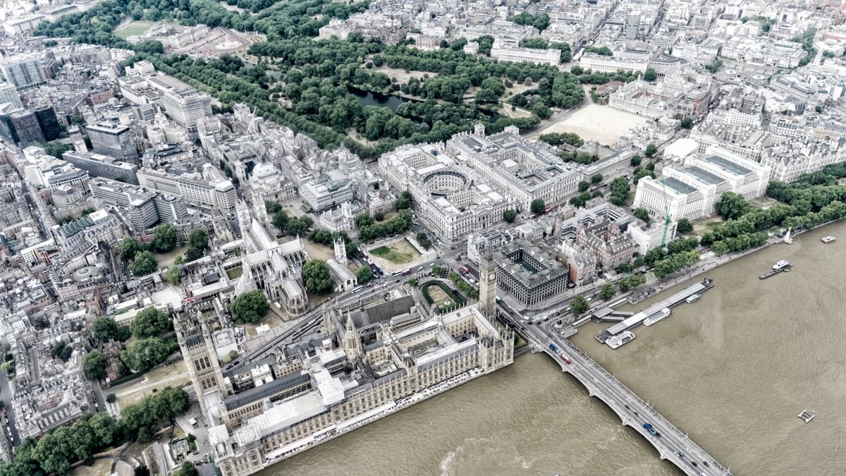 A aerial image of the Palace of Westminster helps orient users of the digital twin