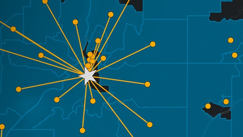 A map showing driving routes through a supply chain