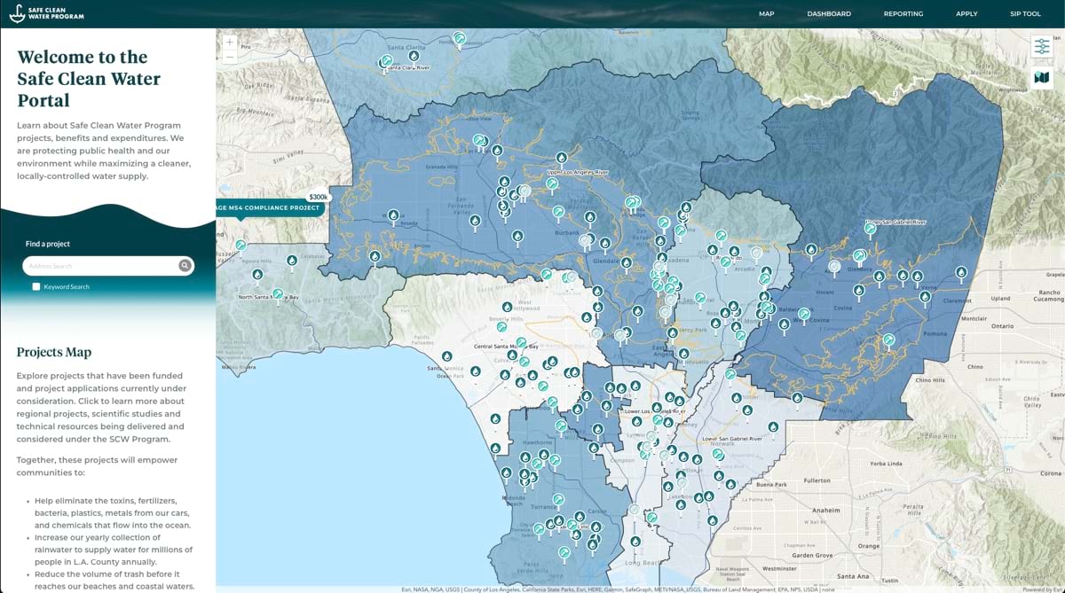 A GIS dashboard showing a color-coded map of Los Angeles County with markers indicating stormwater project locations across service areas.