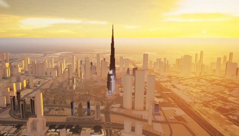 A 3D view of an urban skyline