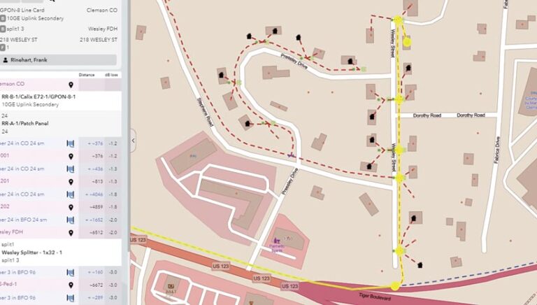 A pink map of a neighborhood with a legend on the left