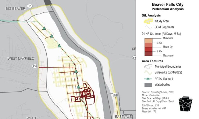 A map of Beaver Falls, Pennsylvania, with a legend on the right