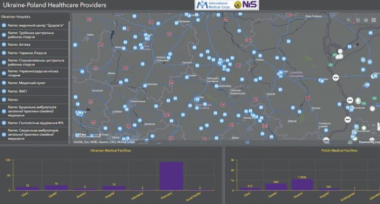 A dark dashboard with a map that has bright blue dots on it and charts and information below and to the left of the map