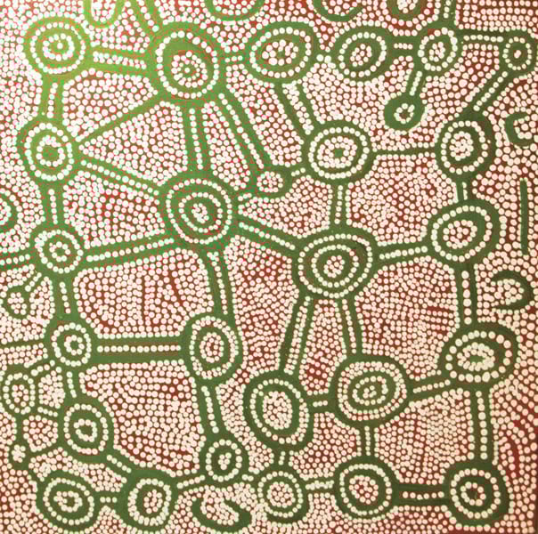 Green, white, and red concentric circles connected to one another by green, white, and red paths, with the space in between filled with white dots