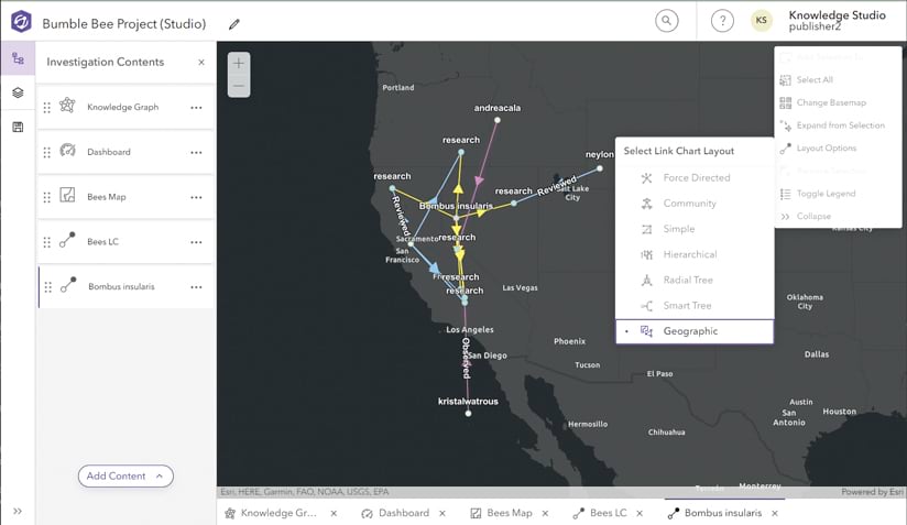 With the words “Bumble Bee Project” in the upper-left-hand corner, a screenshot shows a map of the central and western United States, with lines and arrows of various colors extending from California.