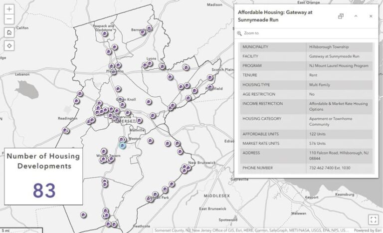 A mostly grey map shows several dozen housing development locations within a black border, with one development symbol colored blue. To the right of the map, a text box entitled Affordable Housing: Gateway at Sunnymeade Run shows housing details such as municipality, address, and age restrictions.