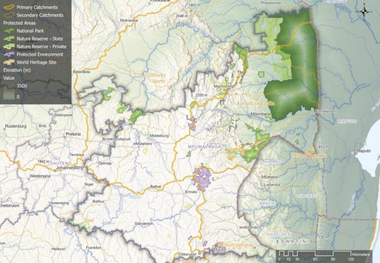 A map shows protected areas and primary and secondary catchments.