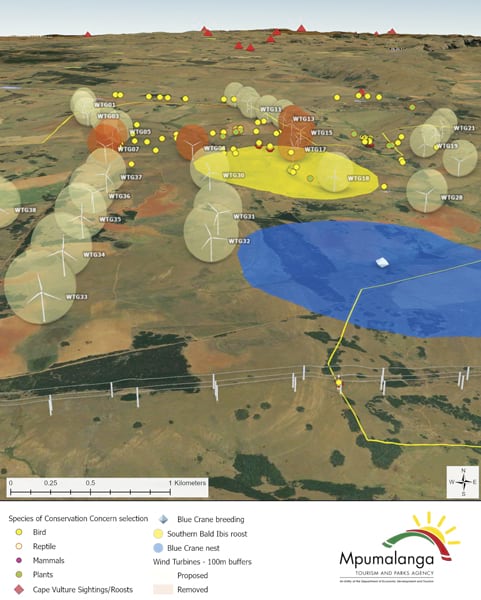 A map shows wind turbine images surrounded by circles of different shades. Below the map is a list of different species types.