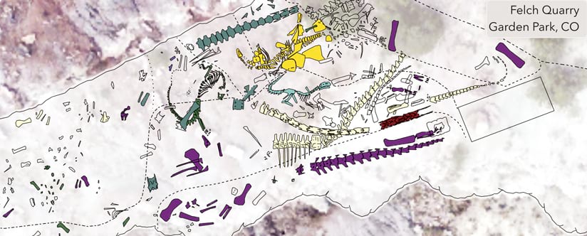A map showing dinosaur bones in Felch Quarry.