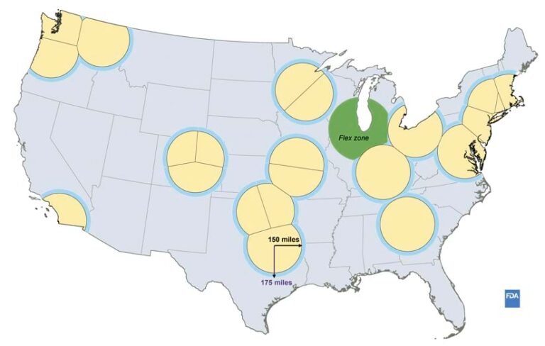 A map of the conterminous 48 US states shows about a dozen mostly circular tan areas.