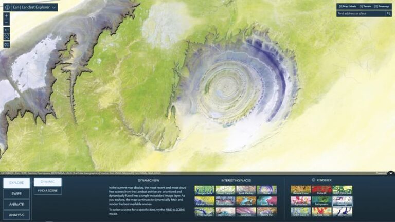 Irregular concentric circles are surrounded by green and tan areas. To the left is a jagged shape with colors of grey and white. Below is text entitled Dynamic View and two groups of thumbnail images beneath that read Interesting Places and Renderer.