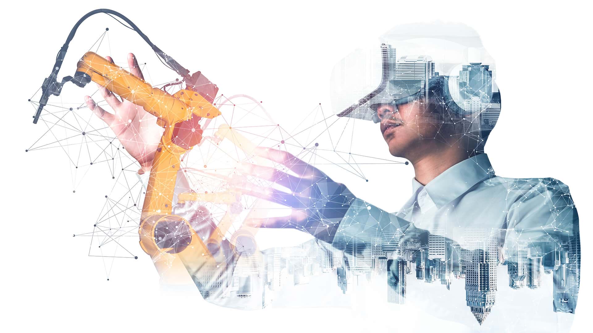 In this imagining of the industrial metaverse, a worker in VR goggles reaches for a manufacturing tool