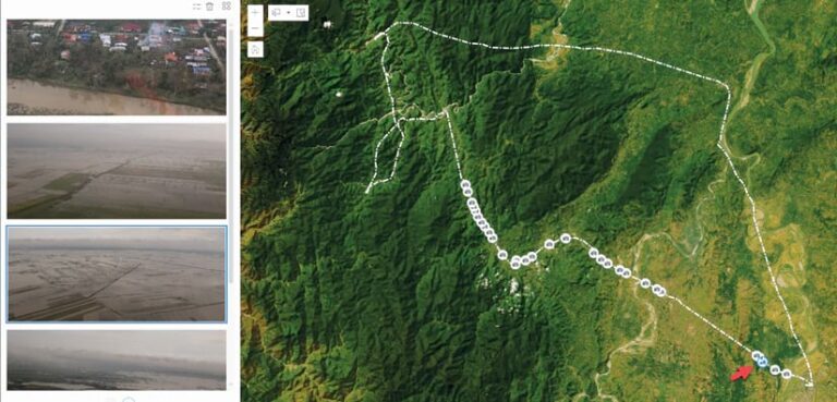 Four aerial photographs are shown to the left of a map with a dotted-line shape and small circles.