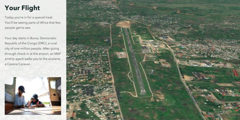 A text box titled “Your Flight” is above a photo of people looking at sheets of paper. To the right is an aerial photograph of a runway.