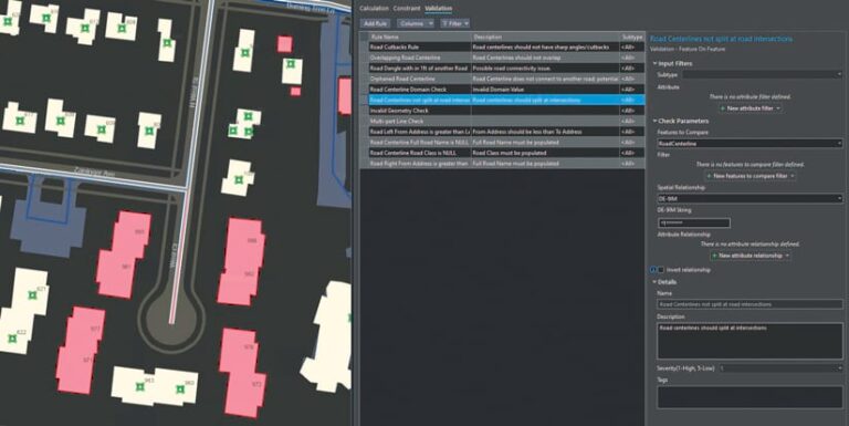 An address map showing buildings a roads next to a table that shows attribute rule errors regarding road centerlines